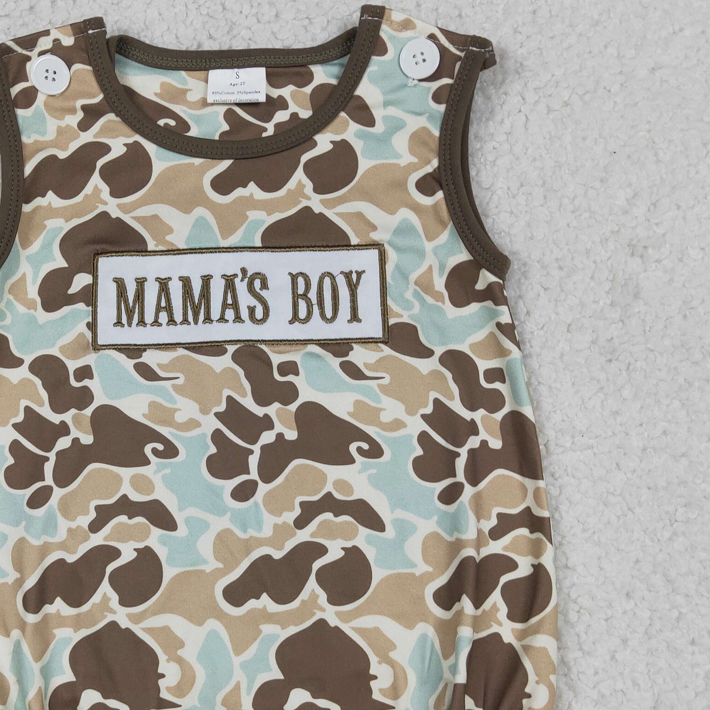 SR3907 RTS NO MOQ （In stock）Sleeveless camo mama's boy embroidery baby romper