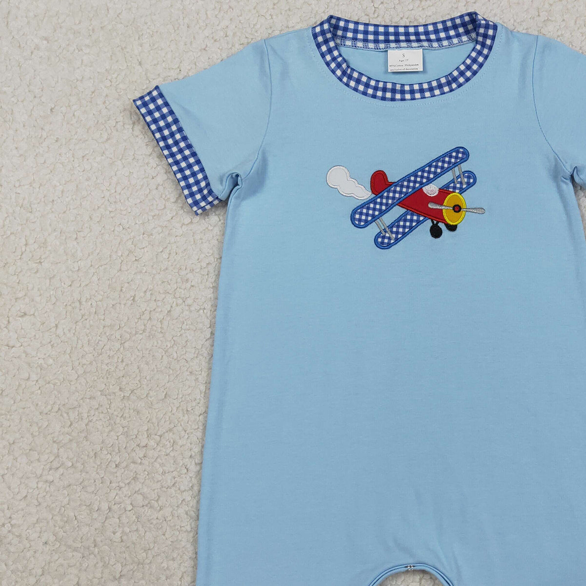 3.30 RTS NO MOQ （In stock）SR3543 Short sleeves air plane embroidery baby boy romper