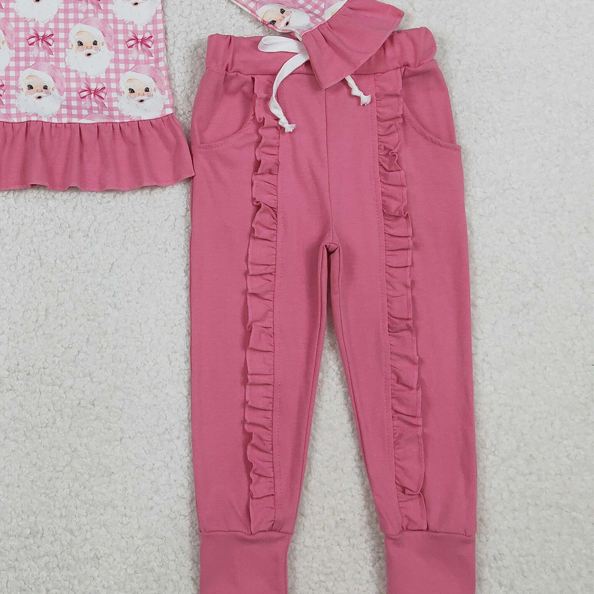 10.16 RTS NO MOQ （In stock）GLP2881 Baby Girls Pink Checked Santa Button Top Pockets Pants Christmas Clothes Sets