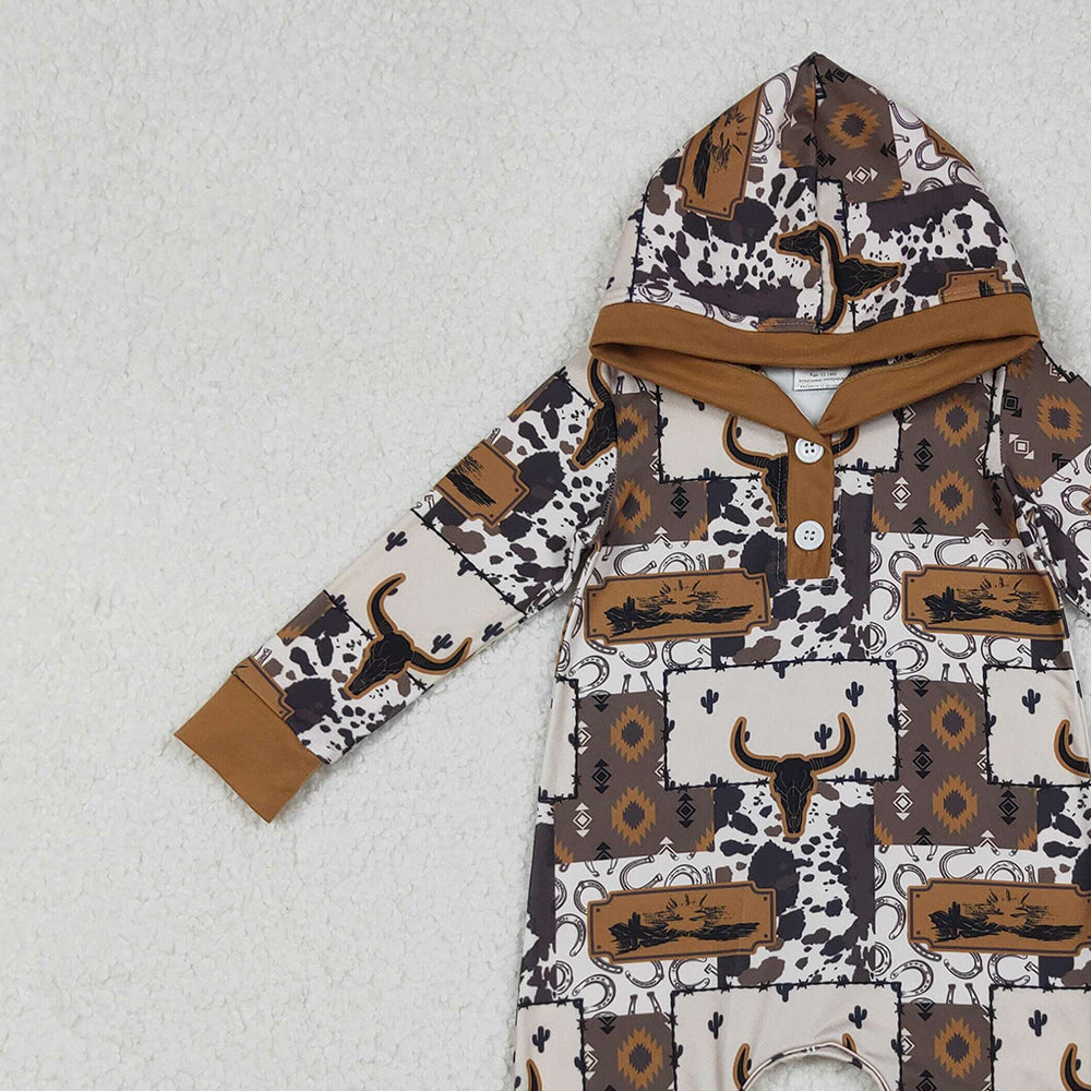 10.10 RTS NO MOQ （In stock）LR2592 Baby Boys Winter Rompers Baby Boys Brown Aztec Bull Skulls Western Hoodie Footie Rompers