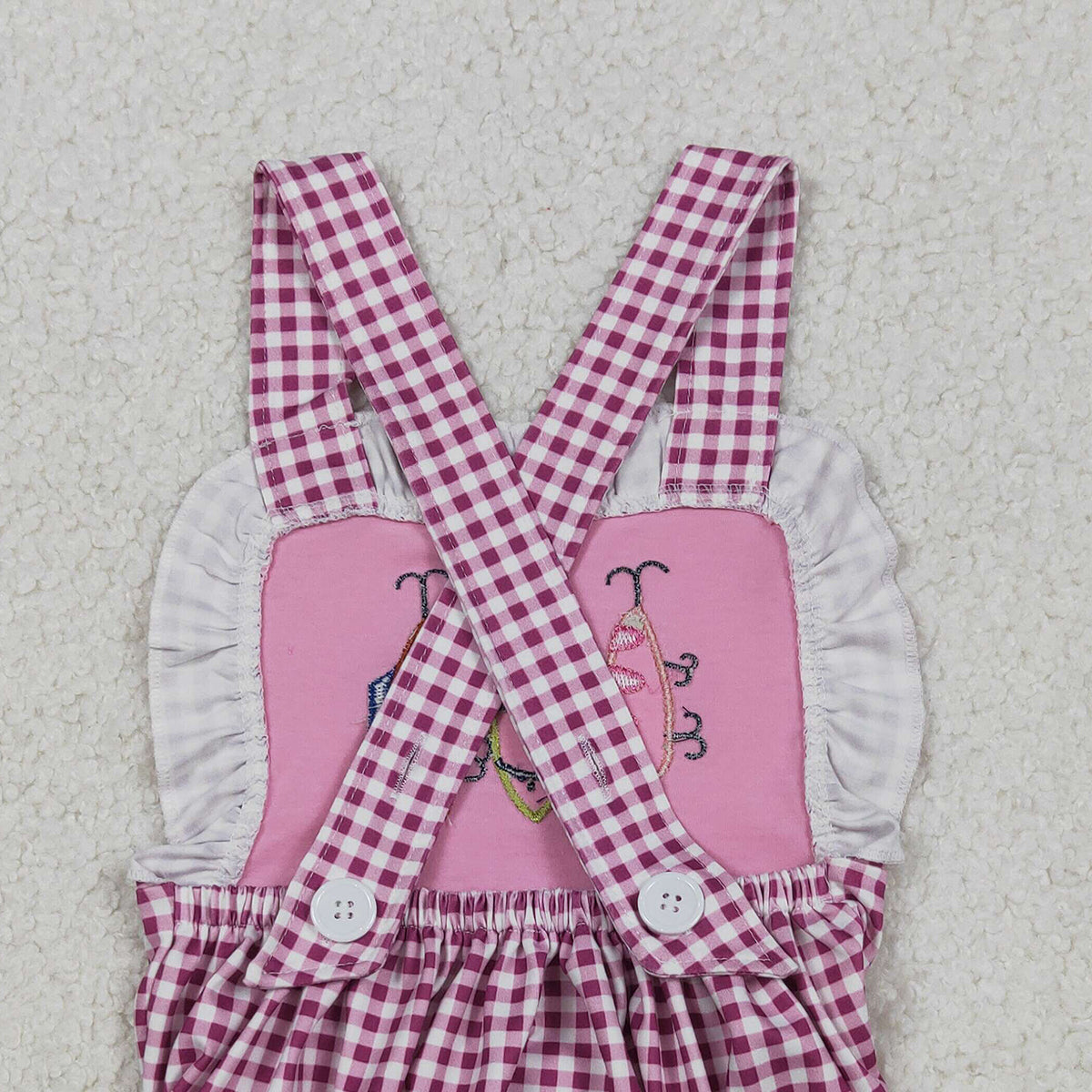 12.9 RTS NO MOQ （In stock）SR3414 Baby Girls Summer Rompers Embroidery Fishing Baby Girls Pink Checked Strap Checked Hunting Ruffle Rompers