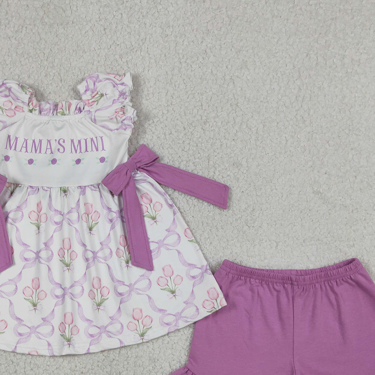 4.13 GSSO2489 RTS NO MOQ （In stock ）Short sleeves mama's mini floral bow tunic shorts girls outfits