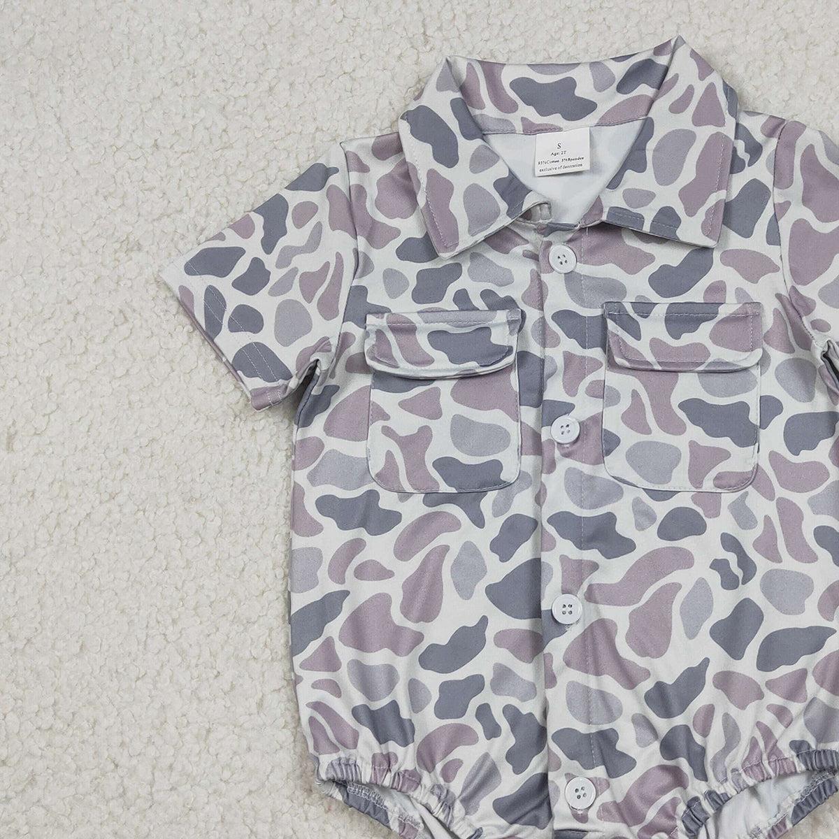12.23 RTS NO MOQ （In stock）SR3654 Baby Boys Southern Light Grey Camo Button Pockets Rompers