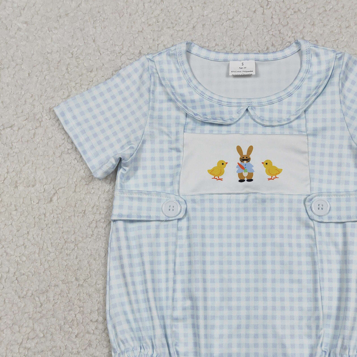 12.29 RTS NO MOQ （In stock）SR3566 Baby Boys Rompers Baby Girls Blue Checked Rabbits Chicks Easter Collar Rompers