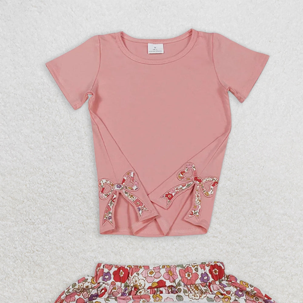 GSD1721RTS NO MOQ Baby Girls Skirt Sets Peach short sleeves bow top floral skirt kids girls clothes