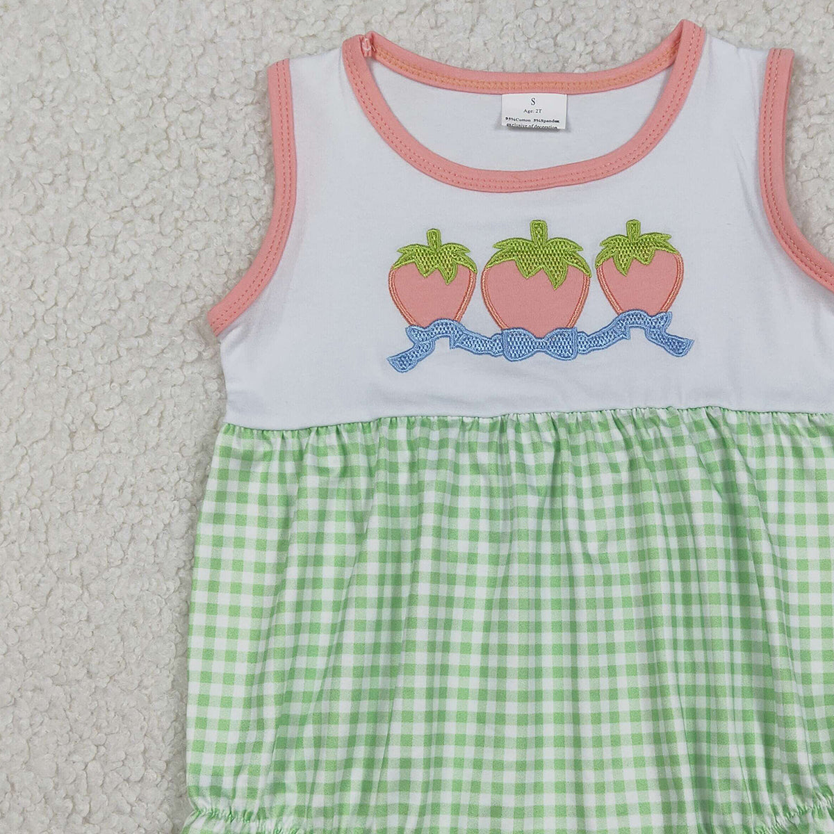 1.8 RTS NO MOQ （In stock）SR3725 Embroidery Bows Strawberry Baby Girls Green Checked Ruffle Rompers