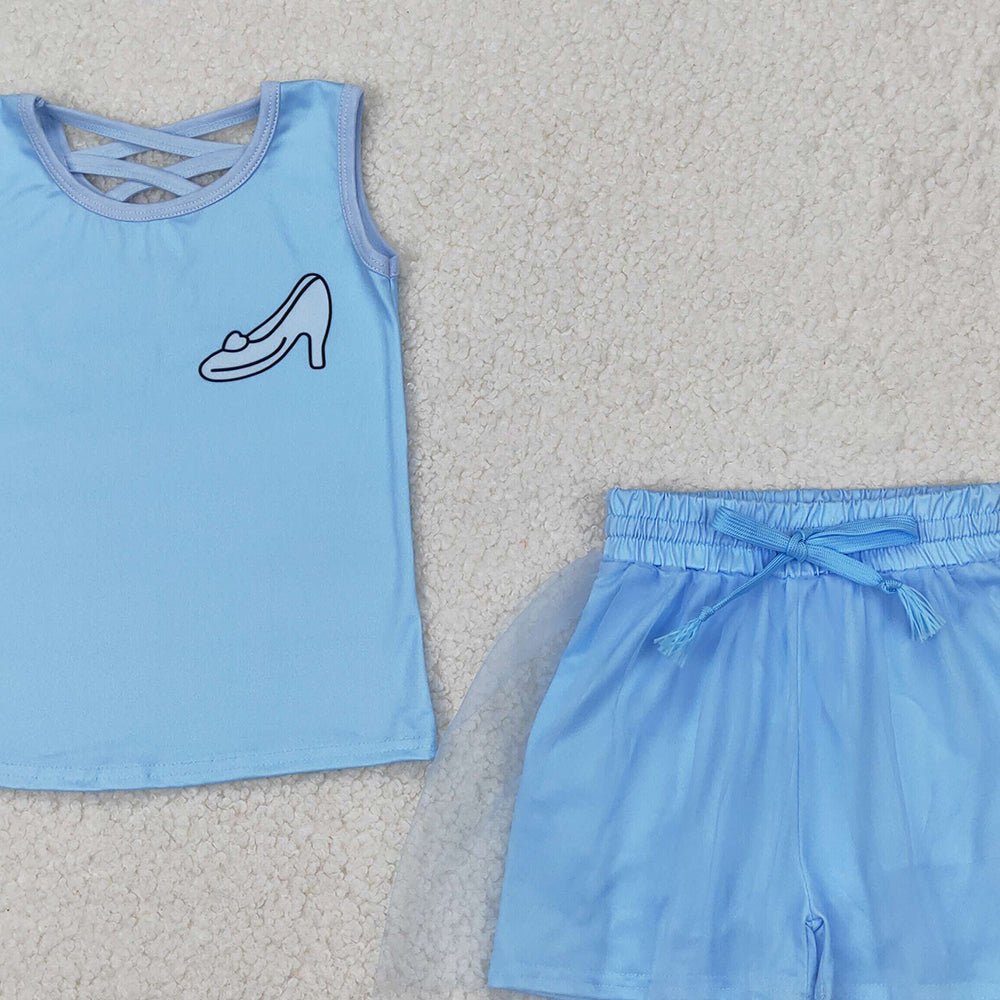 4.30 GSD2063  RTS NO MOQ Light blue sleeveless shoes princess top skirt girls clothes