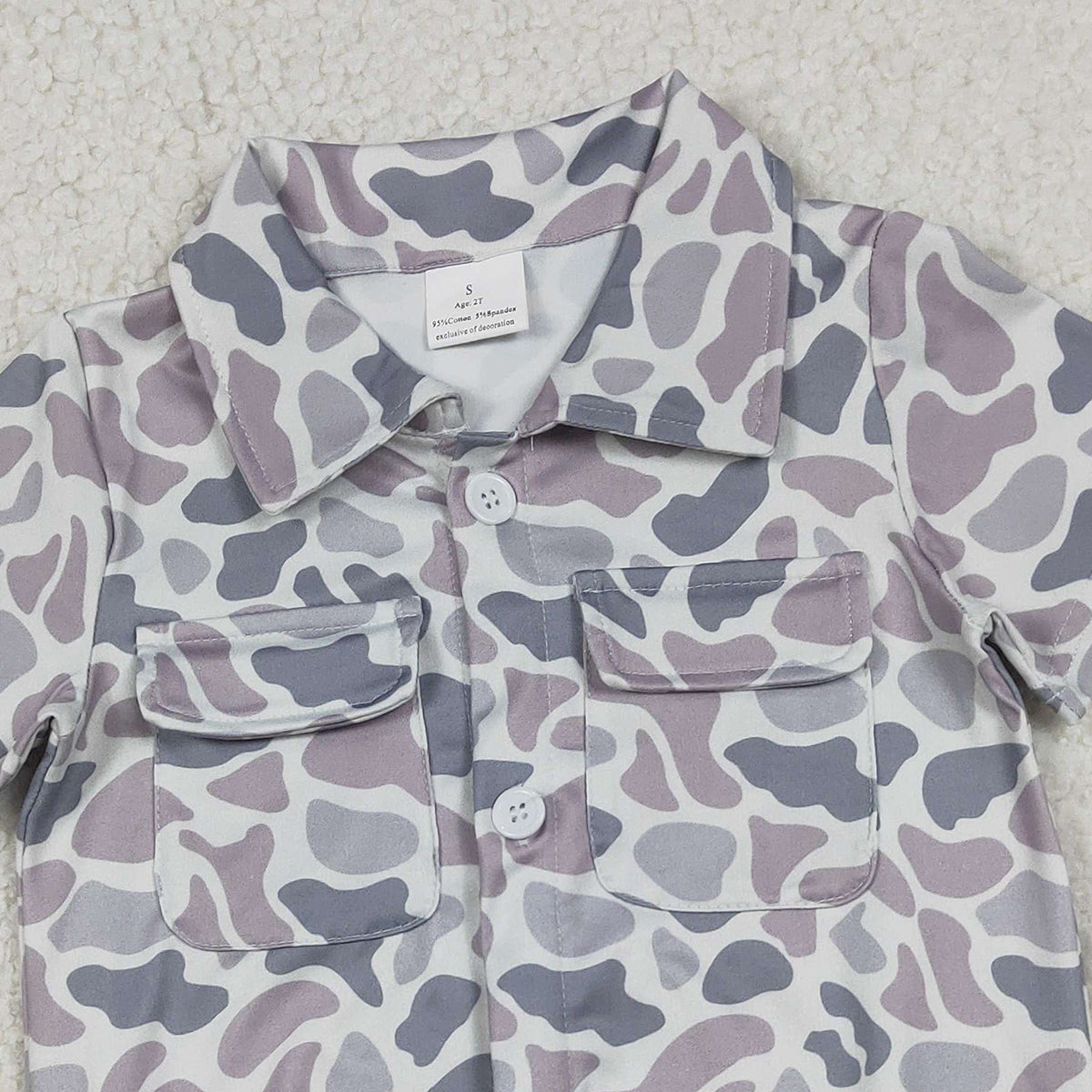 12.23 RTS NO MOQ （In stock）SR3654 Baby Boys Southern Light Grey Camo Button Pockets Rompers
