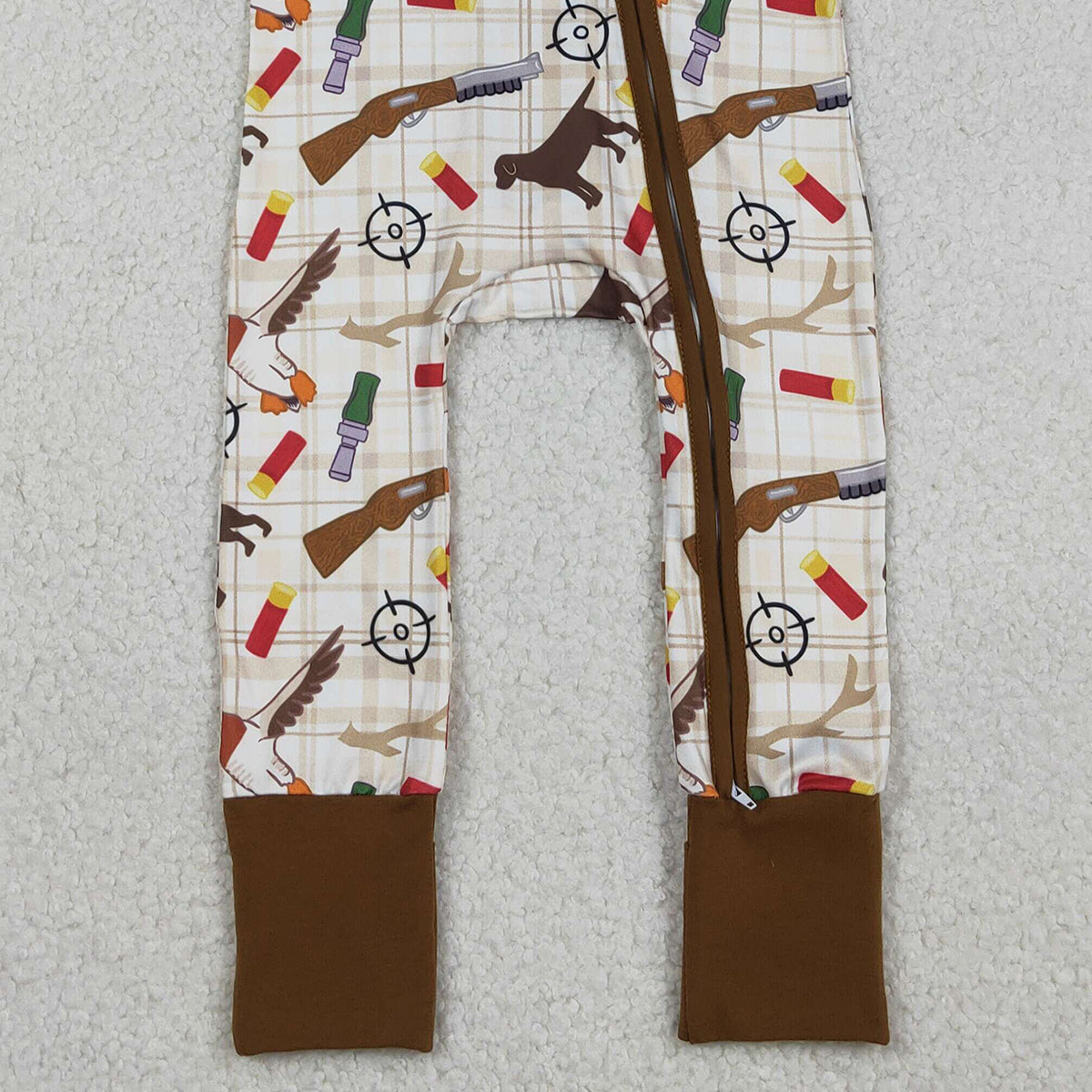 12.17 RTS NO MOQ （In stock）SR3497 Baby Boys Khaki Checked Dogs Ducks Hunting Two Way Zip Convertible Rompers