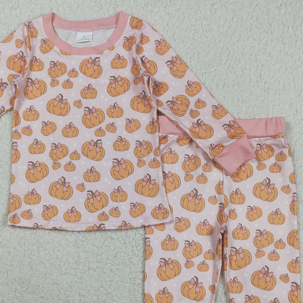 8.22 RTS NO MOQ （In stock）GLP2416 Baby Girls Winter Outfits Baby Girls Pink Bows Pumpkins Top Pant Fall Pajamas Set