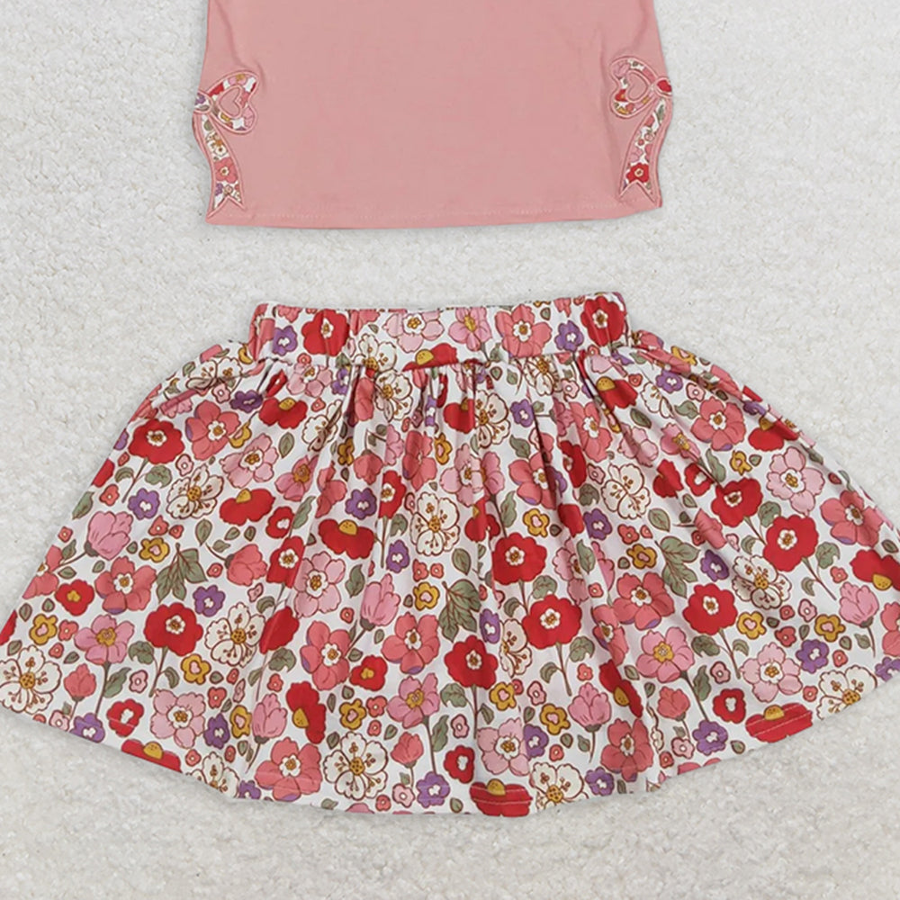 GSD1721RTS NO MOQ Baby Girls Skirt Sets Kids Girls Peach Floral Skirt Set with Short Sleeves Bow Top - Floral Outfit for Children
