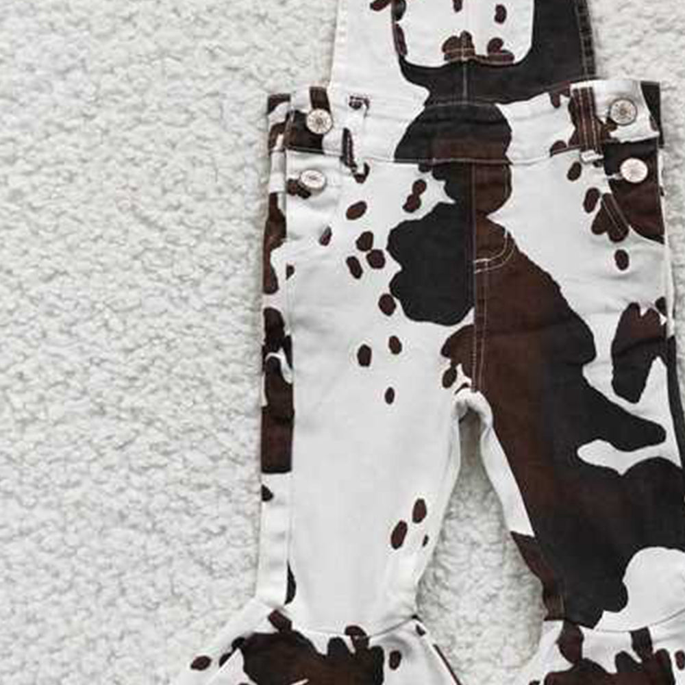 USA Shop (in stock)P0084 Cow print ruffle bell bottom girls denim overalls