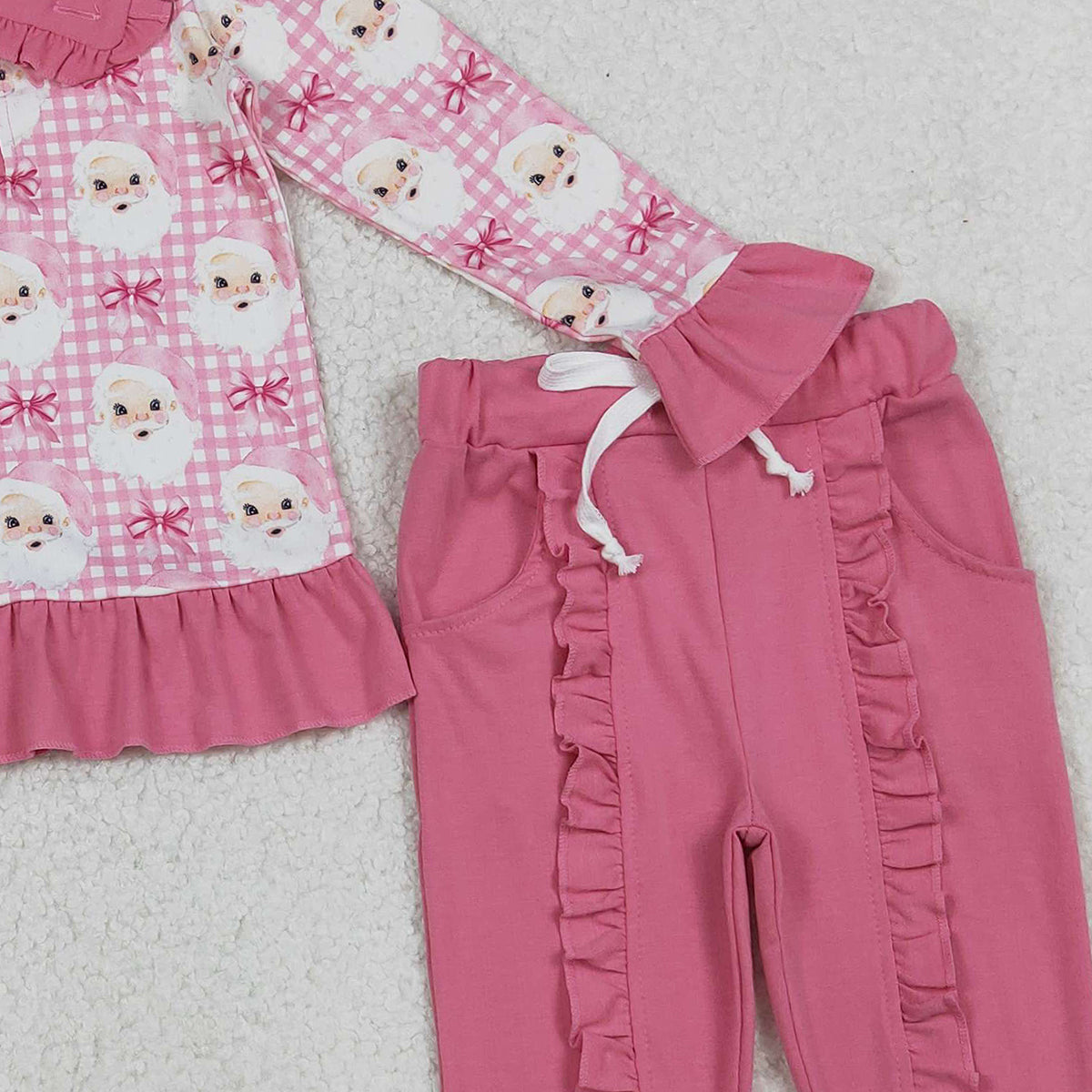 10.16 RTS NO MOQ （In stock）GLP2881 Baby Girls Pink Checked Santa Button Top Pockets Pants Christmas Clothes Sets