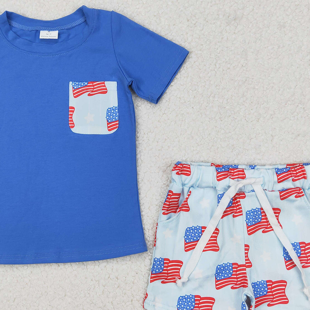4.26 BSSO1258 RTS NO MOQ Baby Boys Summer Boys Outfits Blue short sleeves top flag stars shorts boys 4th of july outfits