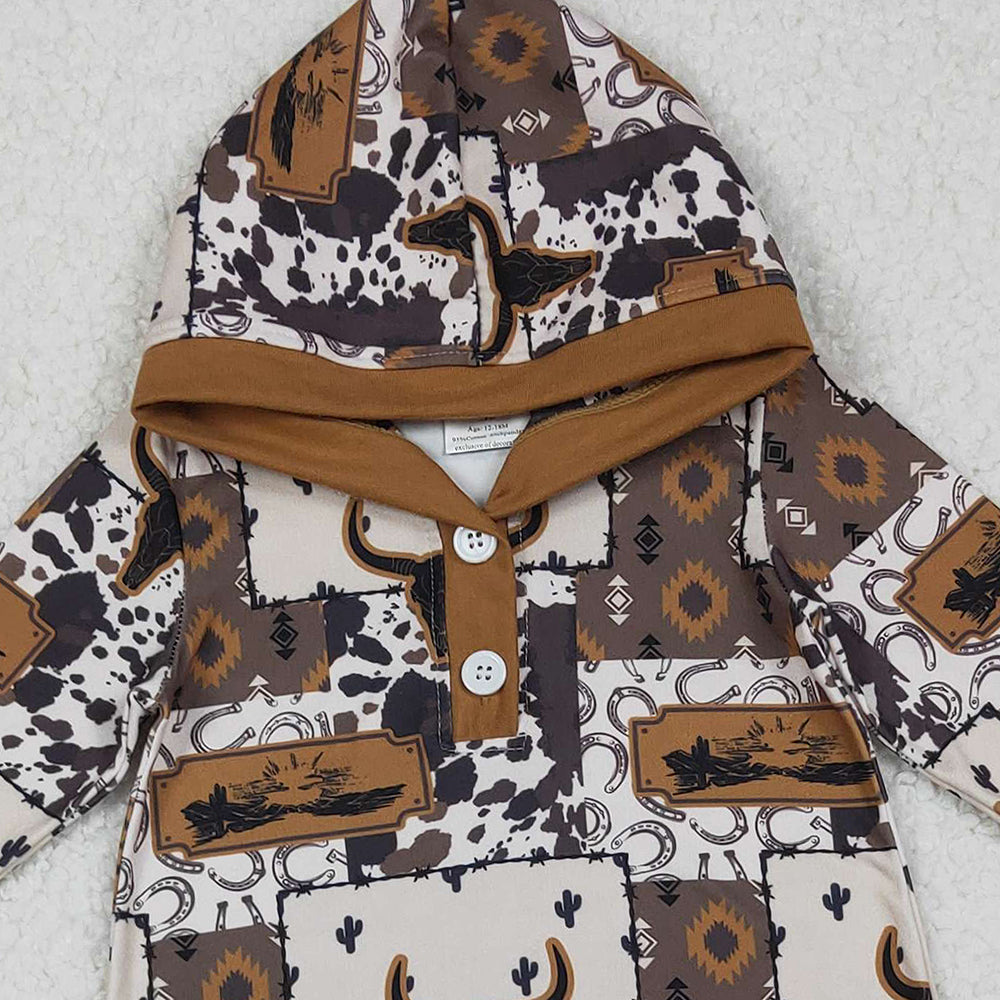 10.10 RTS NO MOQ （In stock）LR2592 Baby Boys Winter Rompers Baby Boys Brown Aztec Bull Skulls Western Hoodie Footie Rompers