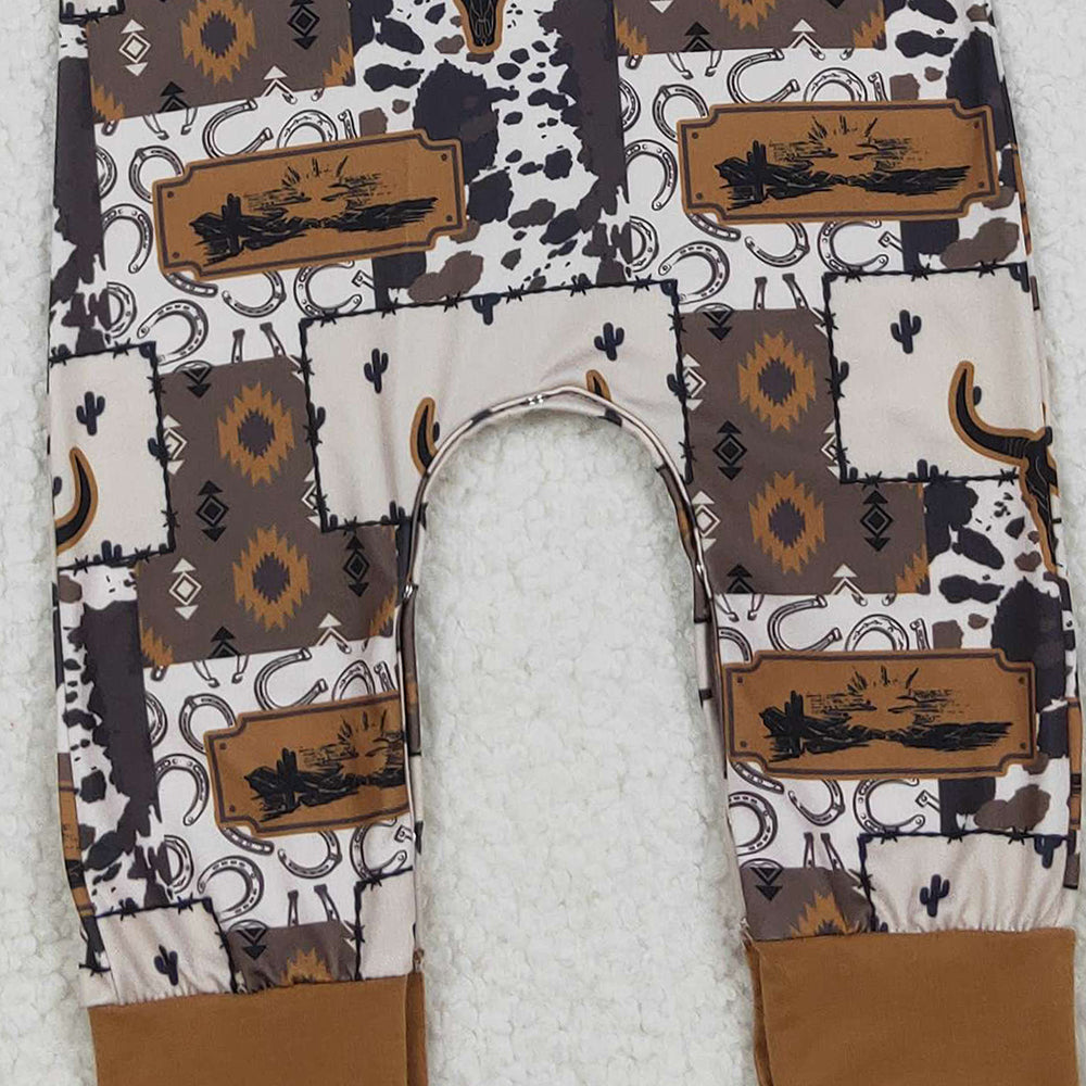 10.10 RTS NO MOQ （In stock）LR2592 Baby Boys Winter Rompers Baby Boys Brown Aztec Bull Skulls Western Hoodie Footie Rompers
