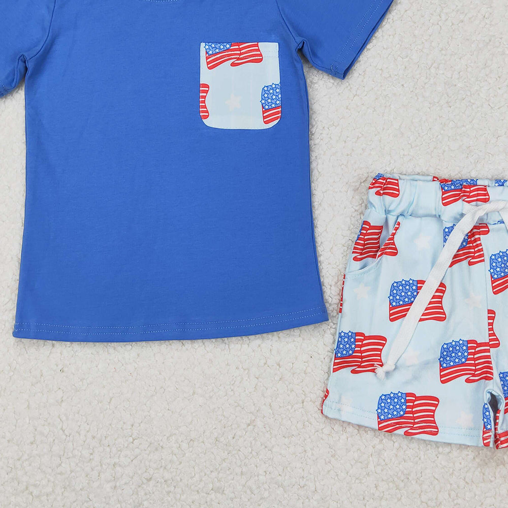 4.26 BSSO1258 RTS NO MOQ Baby Boys Summer Boys Outfits Blue short sleeves top flag stars shorts boys 4th of july outfits