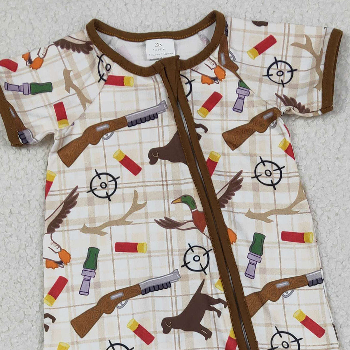 12.17 RTS NO MOQ （In stock）SR3497 Baby Boys Khaki Checked Dogs Ducks Hunting Two Way Zip Convertible Rompers