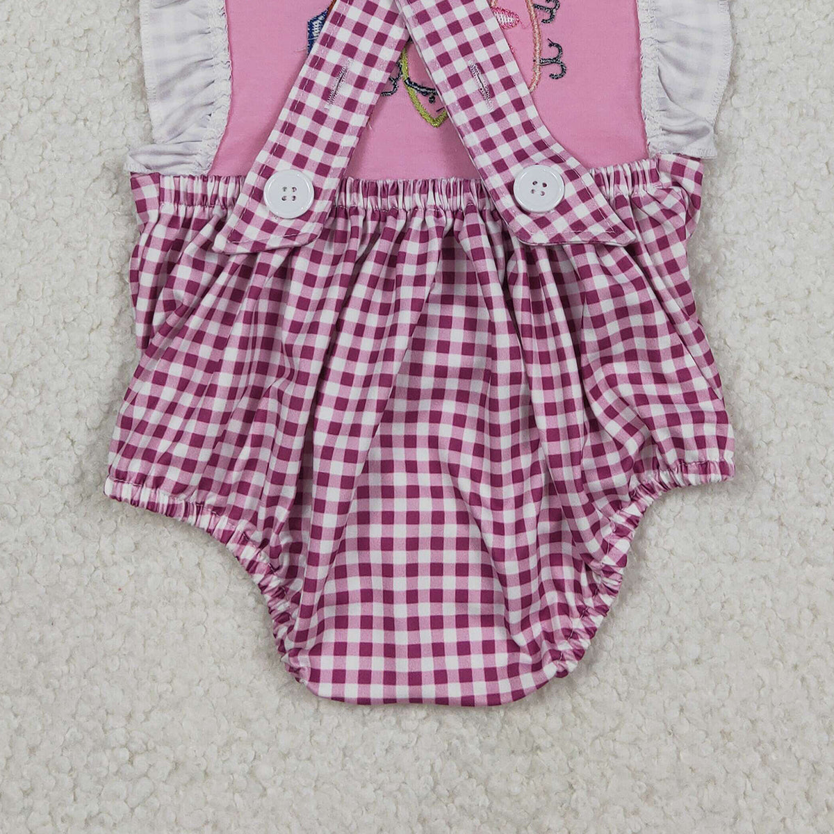 12.9 RTS NO MOQ （In stock）SR3414 Baby Girls Summer Rompers Embroidery Fishing Baby Girls Pink Checked Strap Checked Hunting Ruffle Rompers