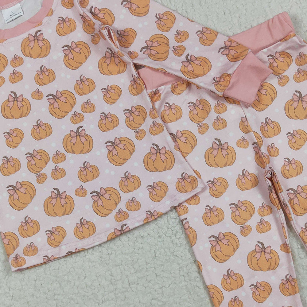 8.22 RTS NO MOQ （In stock）GLP2416 Baby Girls Winter Outfits Baby Girls Pink Bows Pumpkins Top Pant Fall Pajamas Set