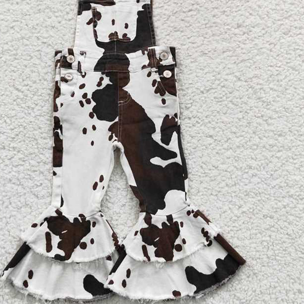 USA Shop (in stock)P0084 Cow print ruffle bell bottom girls denim overalls
