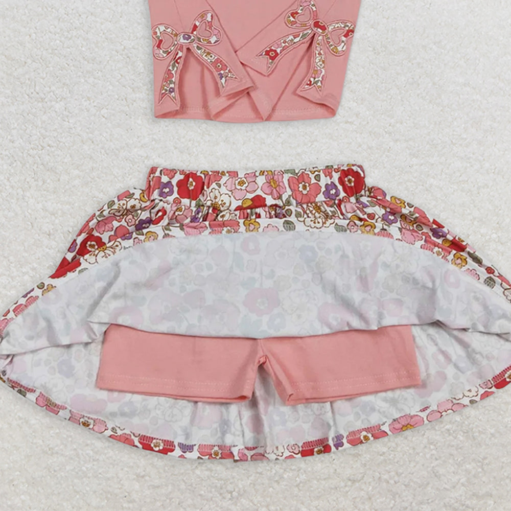 GSD1721RTS NO MOQ Baby Girls Skirt Sets Peach short sleeves bow top floral skirt kids girls clothes