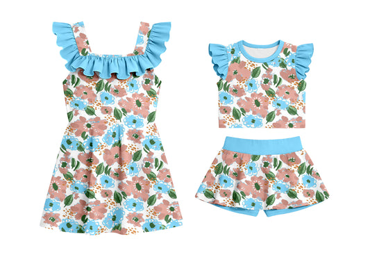 CUSTOM MOQ 5 Sibling Baby Girls Sleeveless Blue Flowers Shorts Set Knee Length Dresses