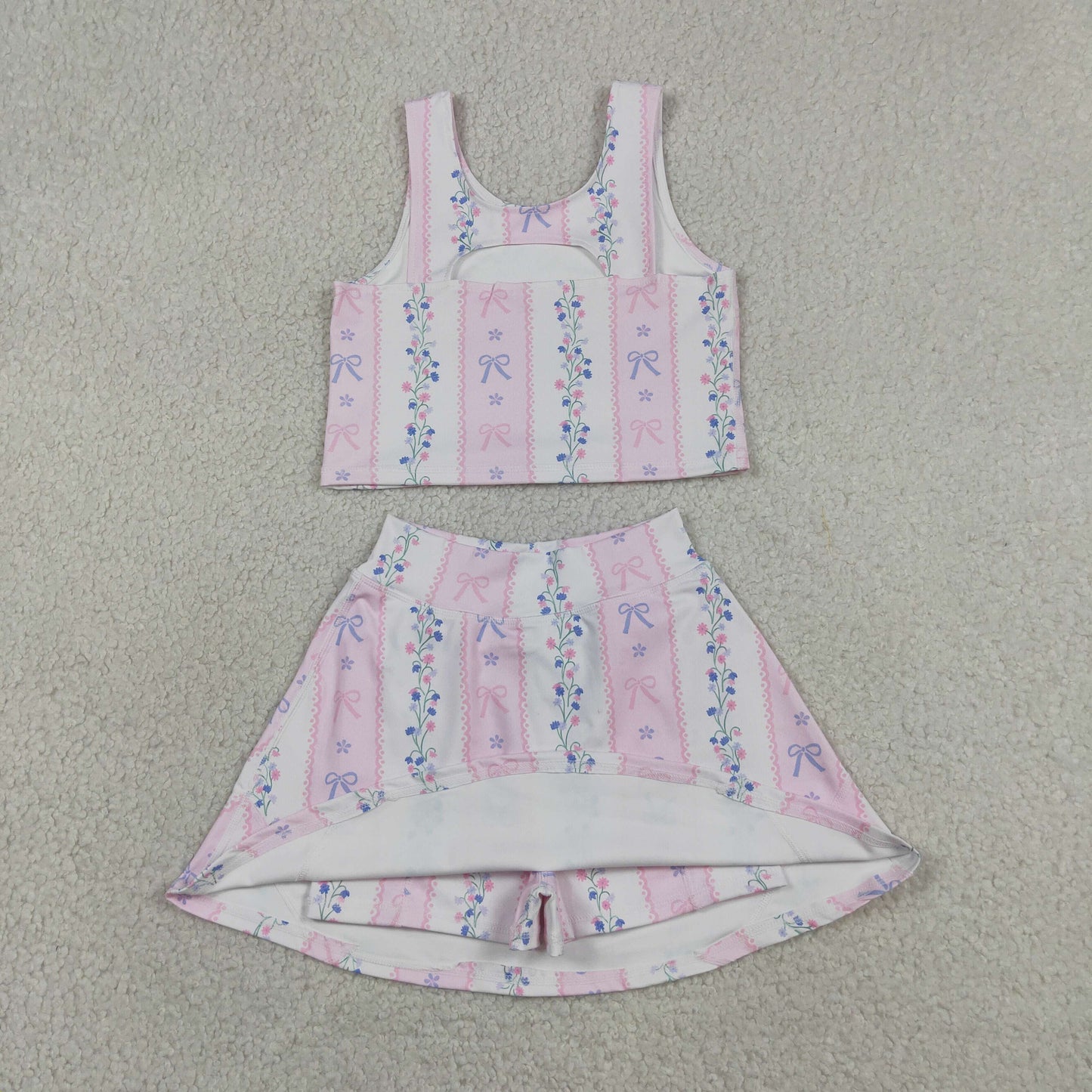 GSD2216 RTS NO MOQ （In stock ） Baby Girls Pink Sleeveless Bows Floral Top Skort Yoga Set