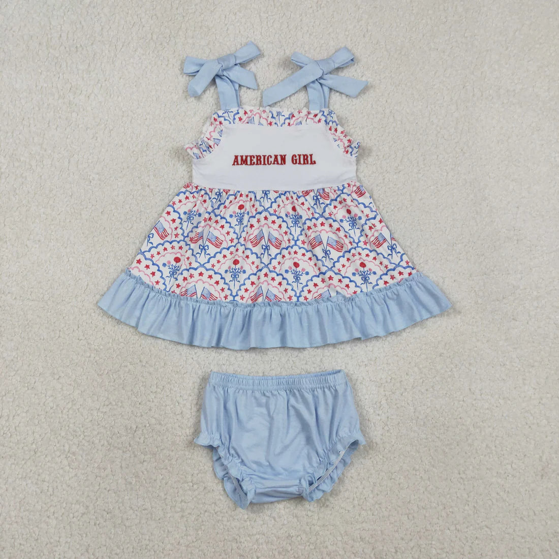 2.6 RTS NO MOQ （In stock）SR3648 Baby Girls Summer Outfits Embroidery American Girls Strap Flags Flowers Tunic Bummies 4th of July Romper Sets