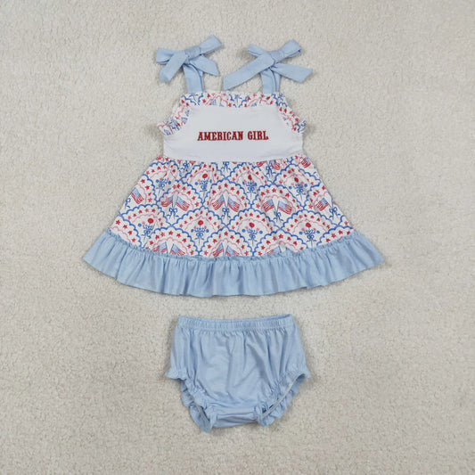 2.6 RTS NO MOQ （In stock）SR3648 Baby Girls Summer Outfits Embroidery American Girls Strap Flags Flowers Tunic Bummies 4th of July Romper Sets