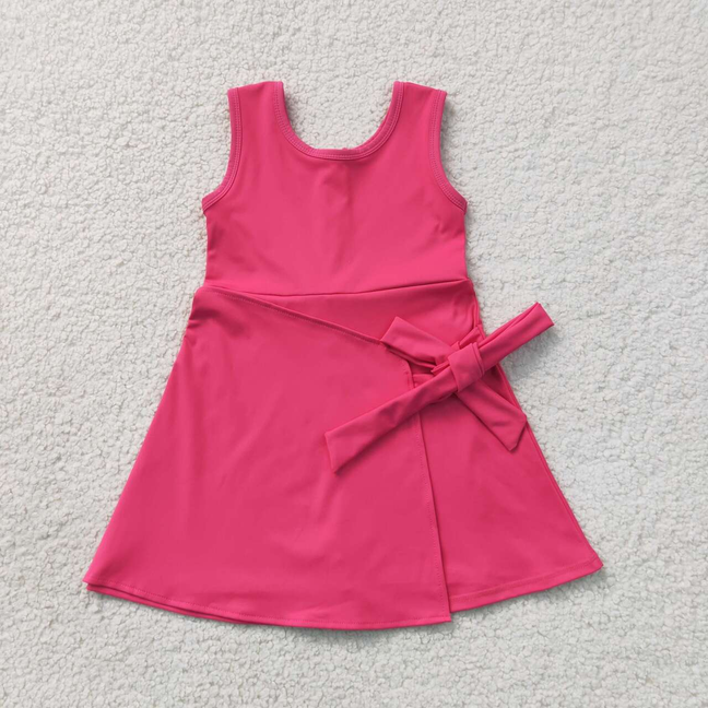 GSD3878 RTS NO MOQ （In stock）Baby Girls Hot Pink Sleeveless Bows Yoga Active Knee Length Dress