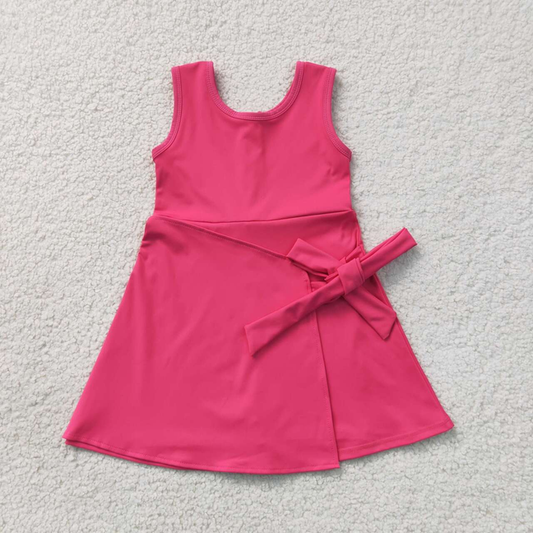 GSD3878 RTS NO MOQ （In stock）Baby Girls Hot Pink Sleeveless Bows Yoga Active Knee Length Dress