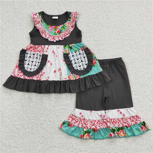 E3-16 Baby Girls Sleeveless Pockets Tunic Bell Pants Clothing Sets