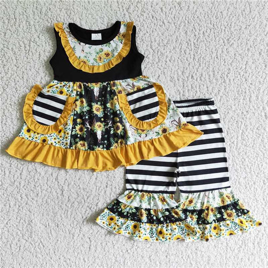 C5-9-1 Skull sunflower patchwork pocket capris set girls clothes