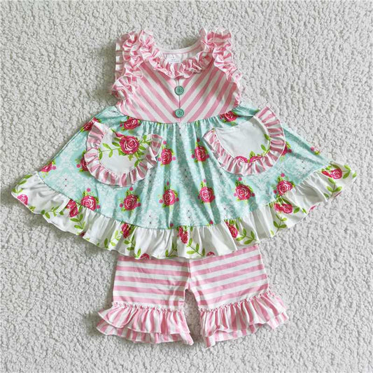 Pink pocket floral twirl tunic ruffle shorts outfits