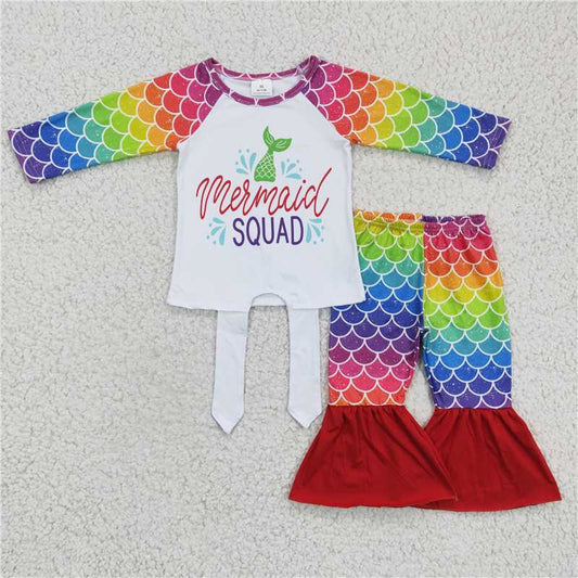 6 A9-11Colorful mermaid scale squad kids girls clothing set
