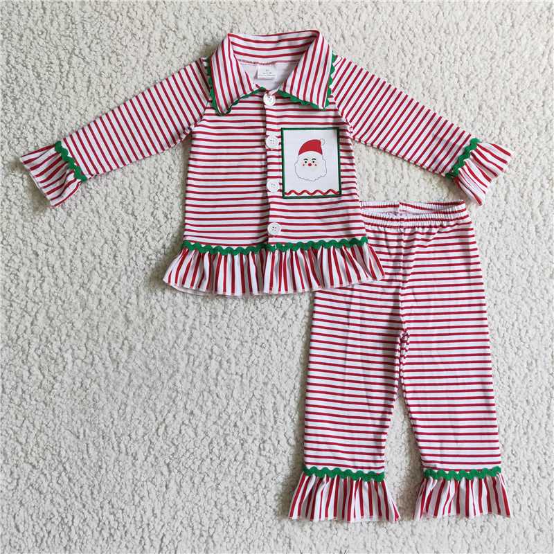 6 B9-3 Girls Santa Claus embroidered striped pajamas