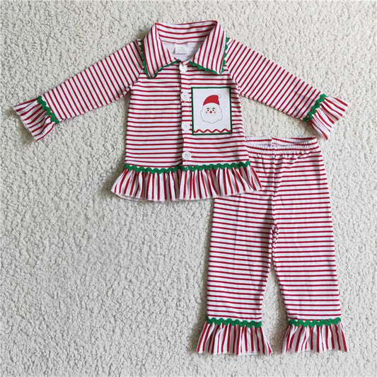6 B9-3 Girls Santa Claus embroidered striped pajamas