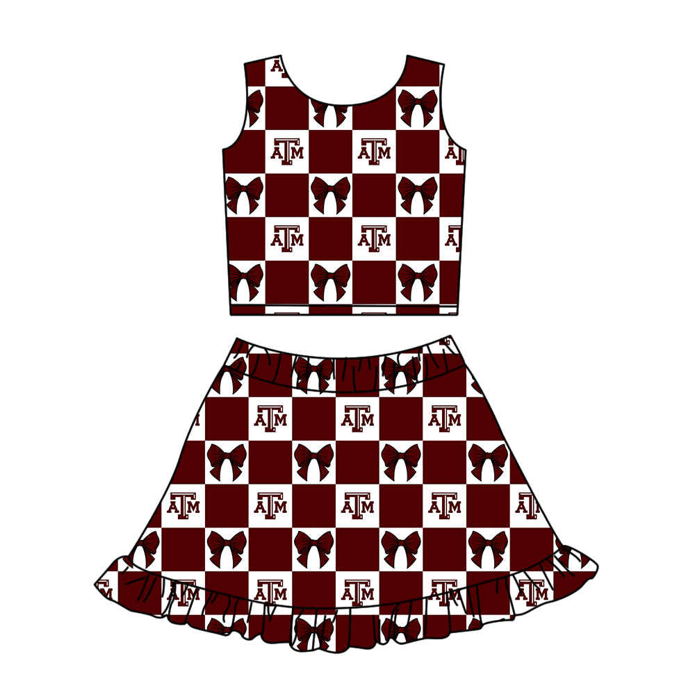 CUSTOM MOQ 5 Kids Clothing for Girls Baby Girls Dark Red T Bow Plaid Top Skirts Yoga Active Team Clothes Sets