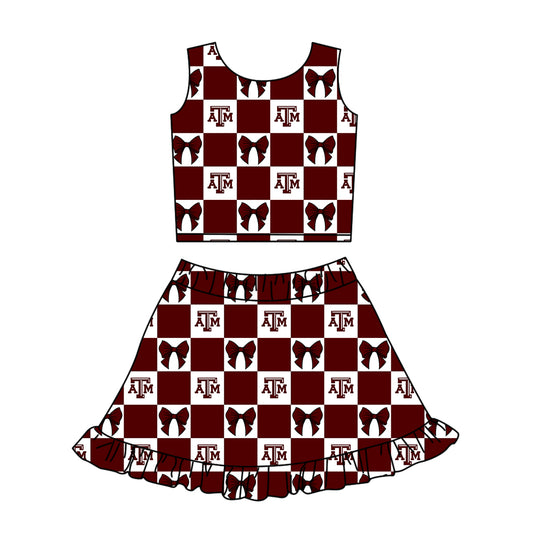 CUSTOM MOQ 5 Kids Clothing for Girls Baby Girls Dark Red T Bow Plaid Top Skirts Yoga Active Team Clothes Sets