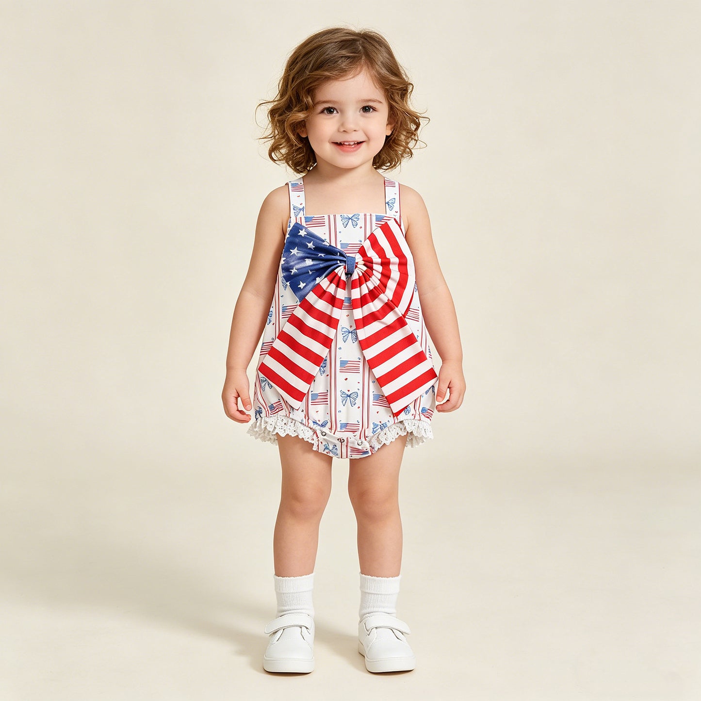 SR3862 RTS NO MOQ （In stock）Straps flag bow baby girls 4th of july romper