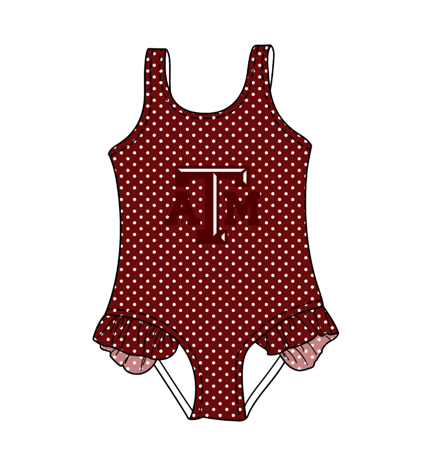 CUSTOM MOQ 5 Cute Comfortable Clothing For Kids Baby Girls Red ATM Polka Dots Ruffle Team One Piece Swimsuits
