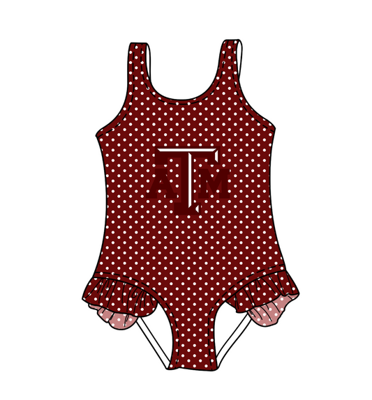CUSTOM MOQ 5 Cute Comfortable Clothing For Kids Baby Girls Red ATM Polka Dots Ruffle Team One Piece Swimsuits