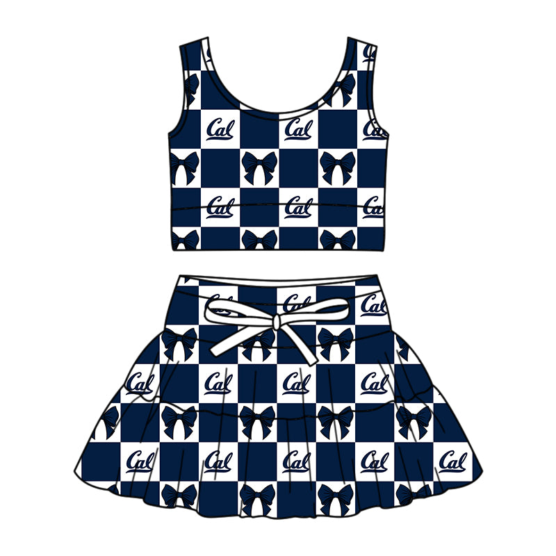 CUSTOM MOQ 5 Sibing Kids Clothing for Girls Baby Girls Dark Blue Bow Top Skirts Yoga Active Team Clothes Sets Knee Length Dress Shorts