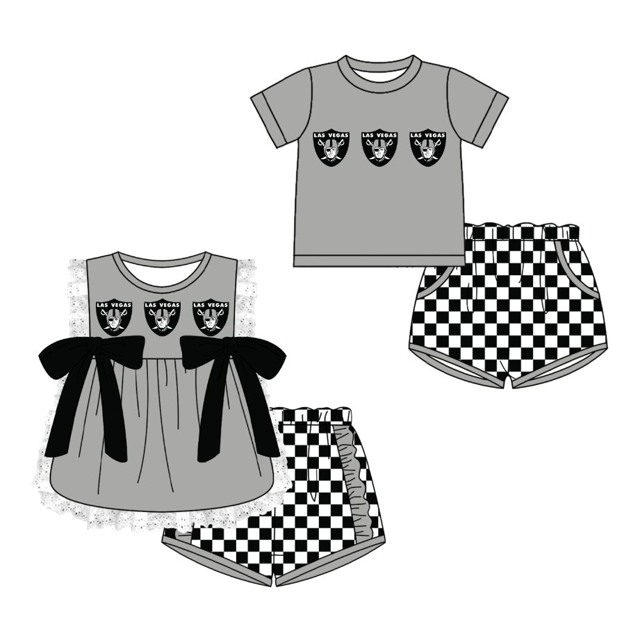 CUSTOM MOQ 5 Cute Kids Clothing Sibling Boys Baby Girls Summer Gray Bow Top Black Checked Shorts Team Clothes Sets