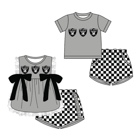 CUSTOM MOQ 5 Cute Kids Clothing Sibling Boys Baby Girls Summer Gray Bow Top Black Checked Shorts Team Clothes Sets