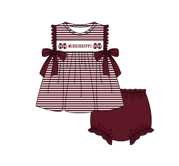 CUSTOM MOQ 5 Sibling Baby Kids Dark Red Stripe Top Ruffles Shorts Clothes Set Knee Length Dress Rompers