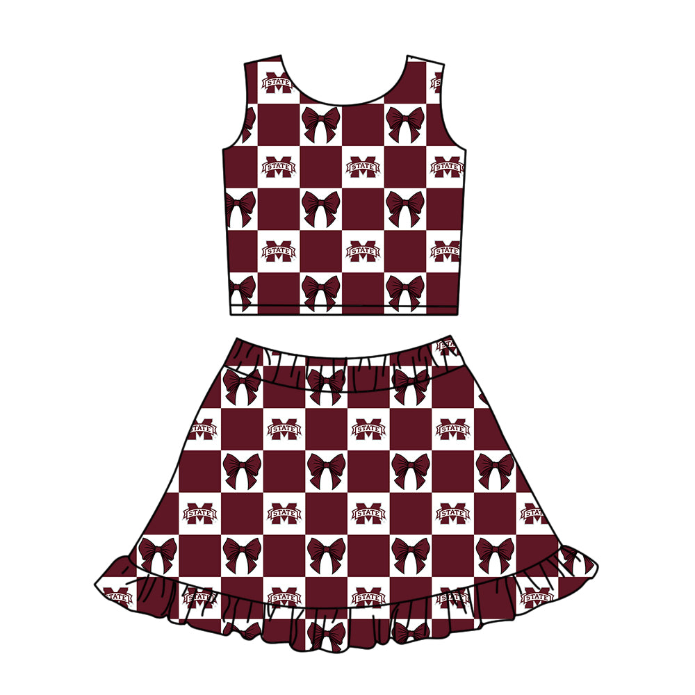 CUSTOM MOQ 5 Kids Clothing for Girls Baby Girls Dark Red Bow Top Skirts Yoga Active Team Clothes Sets