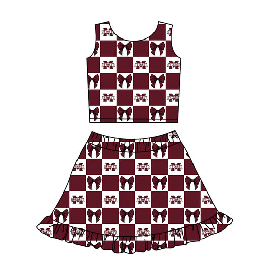CUSTOM MOQ 5 Kids Clothing for Girls Baby Girls Dark Red Bow Top Skirts Yoga Active Team Clothes Sets
