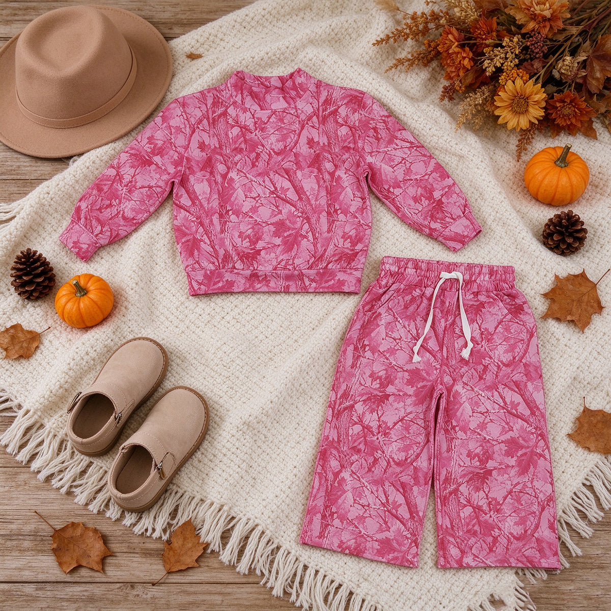 RTS NO MOQ （In stock）milk silk GLP3650(GT1823+P1137) Baby Girls Hot Pink Tree Camo Print Mock Neck Long Sleeve Sweatshirt Pants Casual Matching Outfit Set